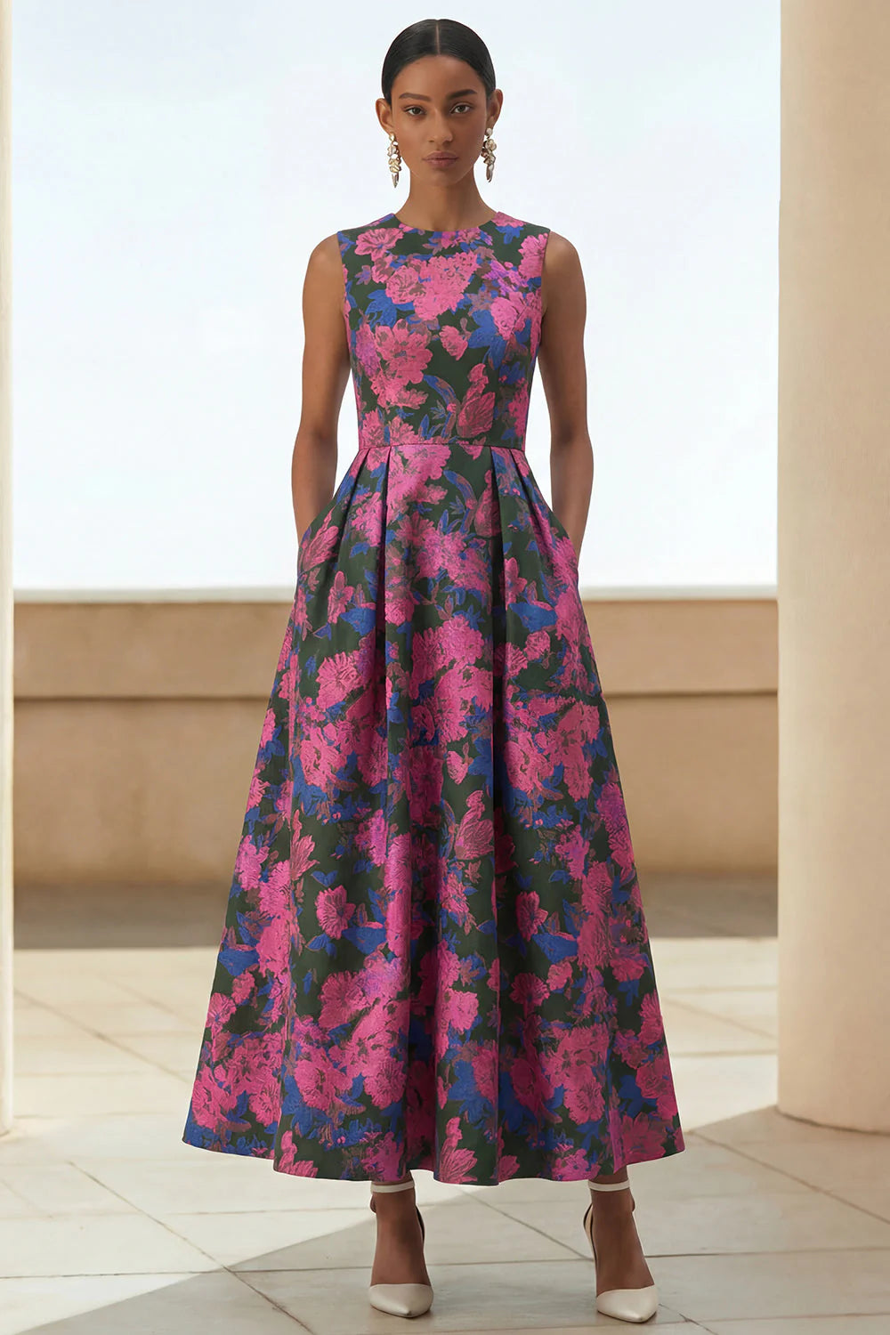Scoop-Neck Sleeveless Ankle-Length Jacquard Satin Pleated Mother of the Bride Dress
