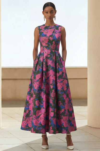 Scoop-Neck Sleeveless Ankle-Length Jacquard Satin Pleated Mother of the Bride Dress