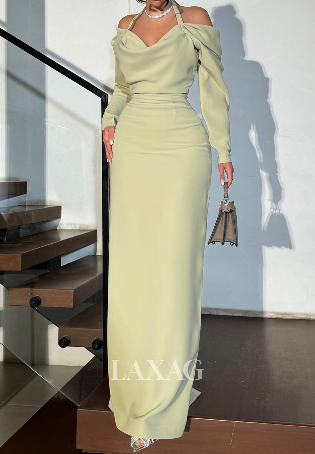 Halter-Neck Off-Shoulder Long-Sleeves Pleated Chiffon Floor-Length Mermaid Evening Dress