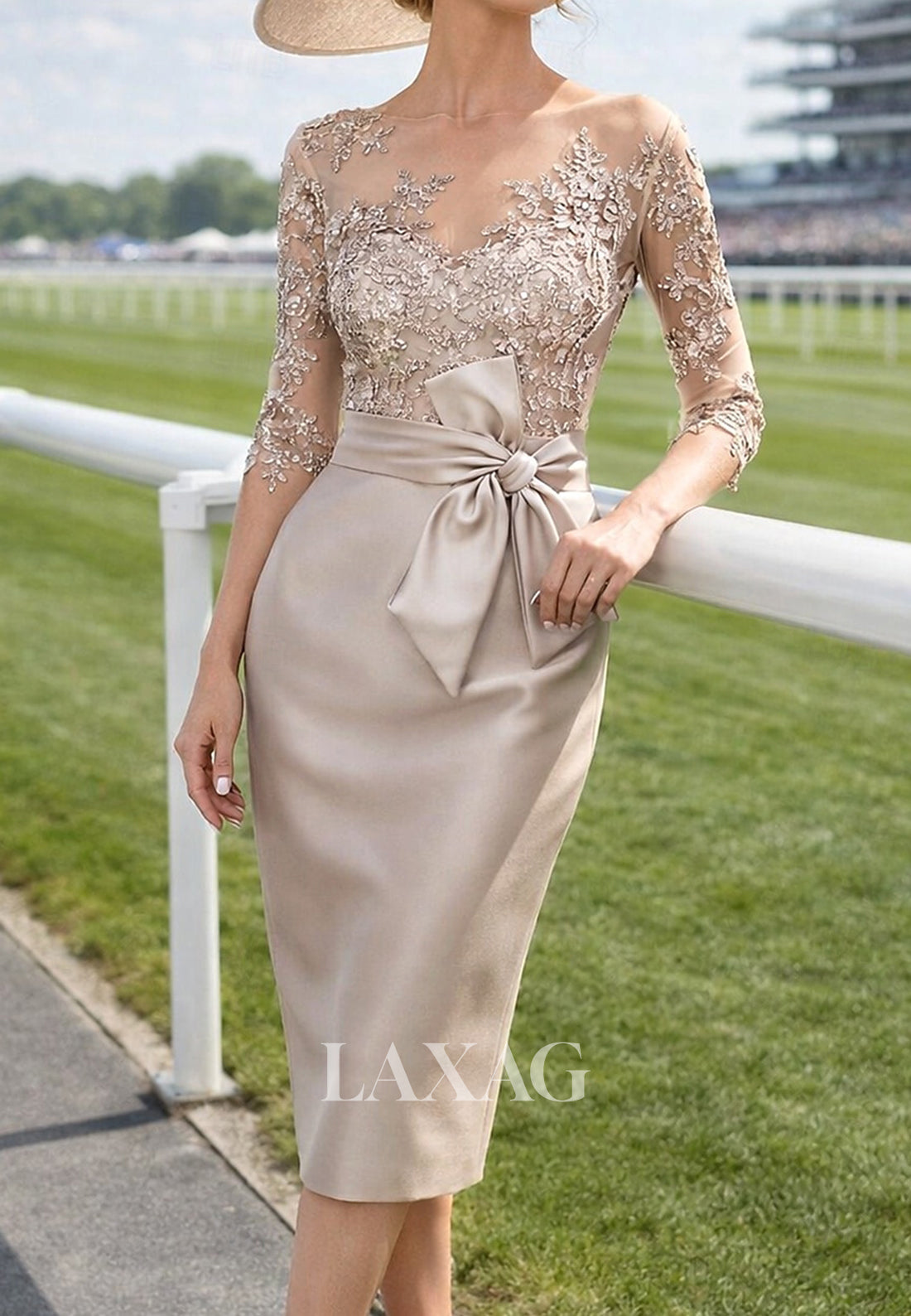 Scoop-Neck Half-Sleeves 3D-Floral Applique Tea-Length Mermaid Mother of the Bride Dress