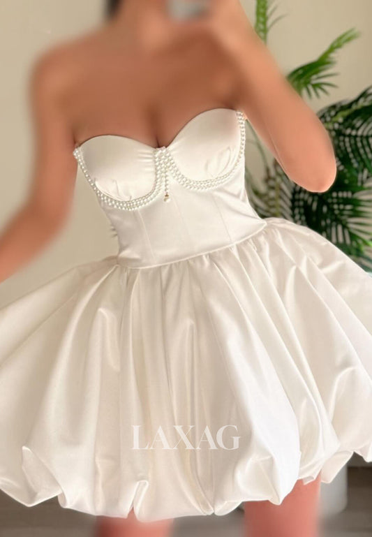 Sweetheart Off-Shoulder Sleeveless Pearls Pleated Satin Short A-Line Party Homecoming Dress