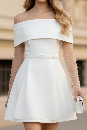 Bateau-Neck Long-Sleeves Beaded Satin&Tulle Pleated Short Beach A-Line Wedding Dress