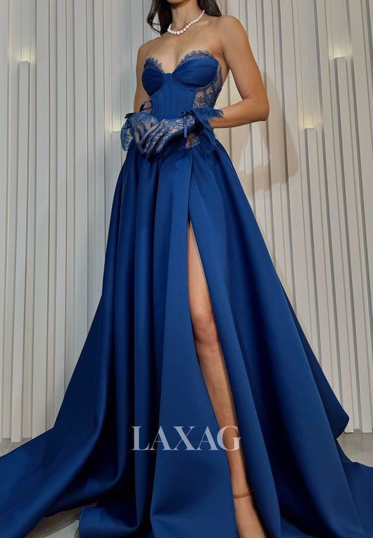 Sweetheart Pleated Satin&Lace A-Line Prom Dress Off-Shoulder Sleeveless High Slit Party Gowns