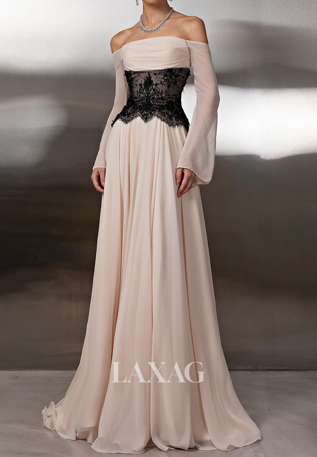 Bateau-Neck Off-Shoulder Long-Sleeves Pleated Chiffon&Lace A-Line Formal Evening Dress