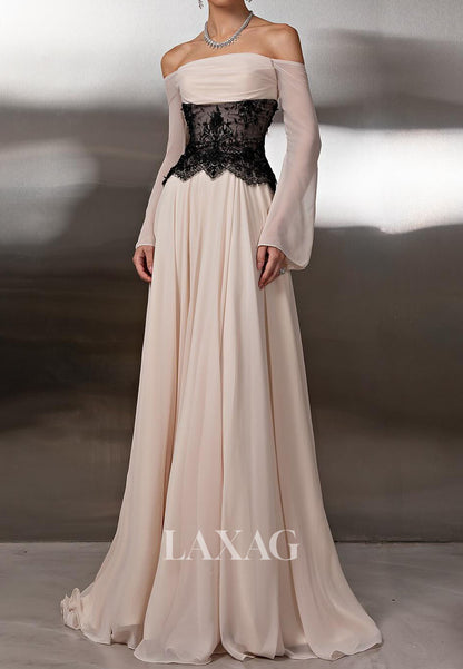 Bateau-Neck Off-Shoulder Long-Sleeves Pleated Chiffon&Lace A-Line Formal Evening Dress