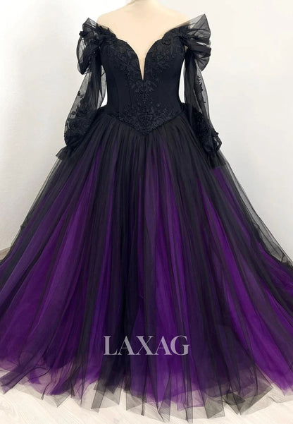 Deep V-Neck Off-Shoulder A-Line Wedding Dress Long-Sleeves Applique Pleated Tulle Formal Gowns