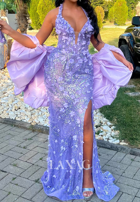 Halter Deep V-Neck Sleeveless Floral Embellished Sequined Beaded Chiffon Slit Mermaid Prom Dress