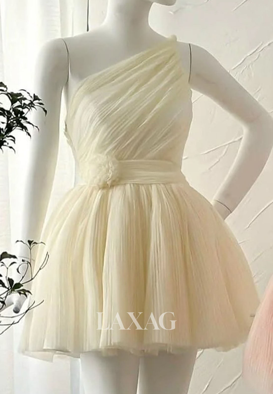 Asymmetrical-Neck Off-Shoulder Sleeveless Pleated Tulle A-Line Party Homecoming Dress