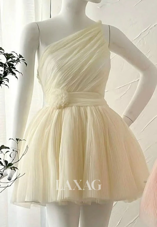 Asymmetrical-Neck Off-Shoulder Sleeveless Pleated Tulle A-Line Party Homecoming Dress