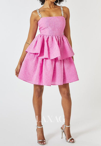 Tube Top Rhinestone Spaghetti Straps Sleeveless Pleated Chiffon Tiered A-Line Homecoming Dress