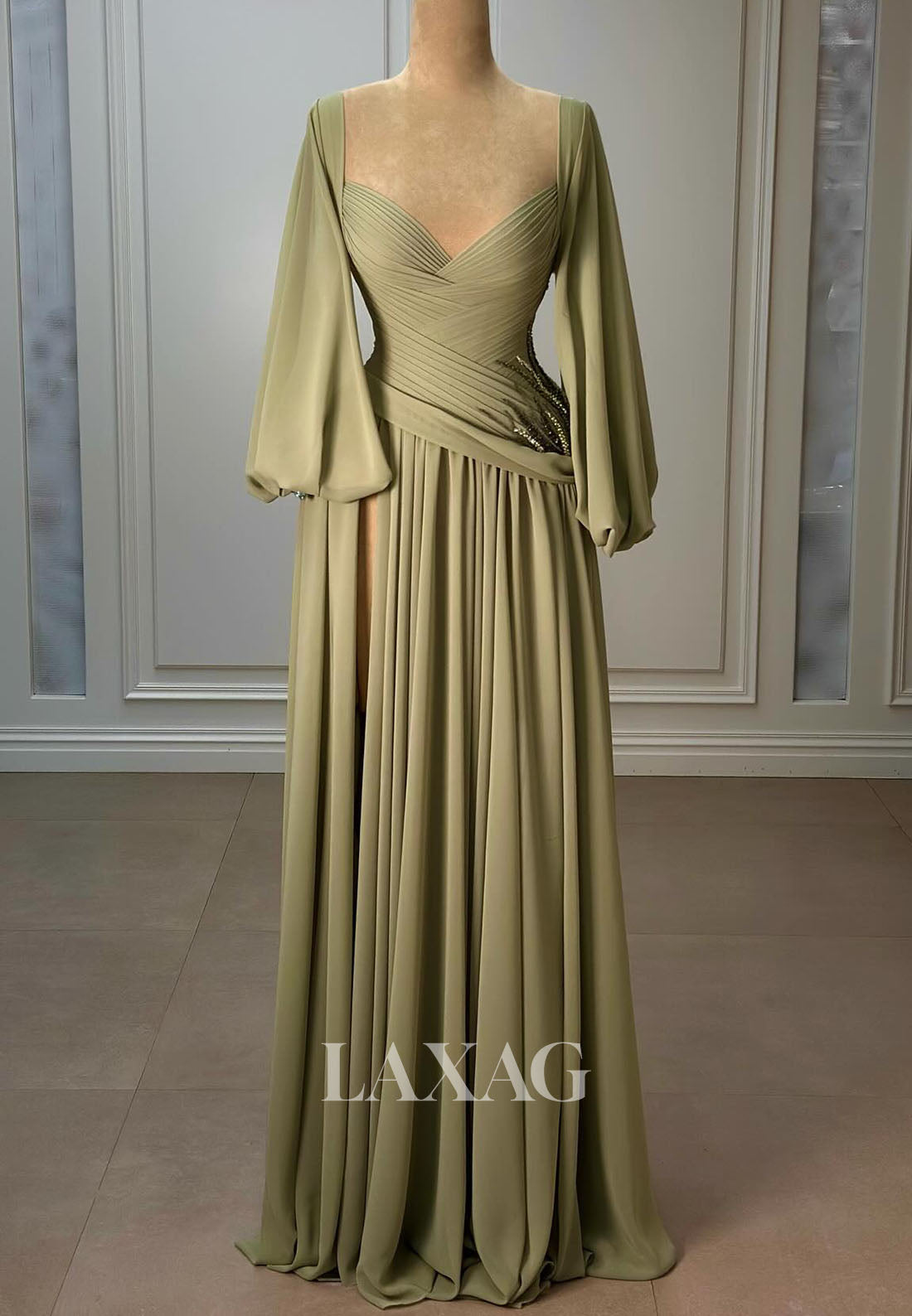 V-Neck Long-Sleeveless Pleated Chiffon Floor-Length High Slit Fitted Formal Evening Dress