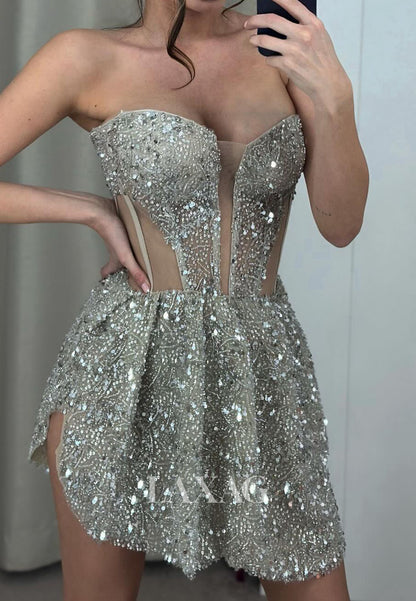 Sweetheart Off-Shoulder Fully Sequined Beaded Pleated Sheer Short A-Line Party Homecoming Dress