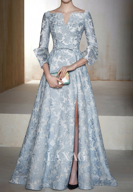V-Neck 3/4-Sleeves Jacquard Satin Pleated Floor-Length A-Line Evening Dress with High Slit