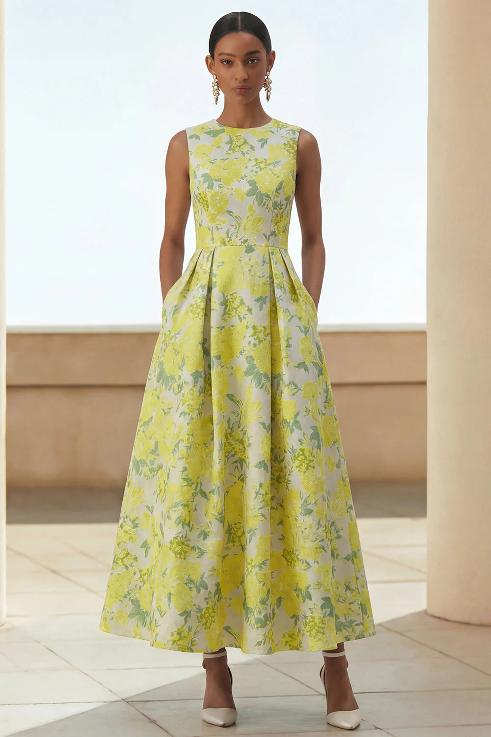 Scoop-Neck Sleeveless Ankle-Length Jacquard Satin Pleated Mother of the Bride Dress