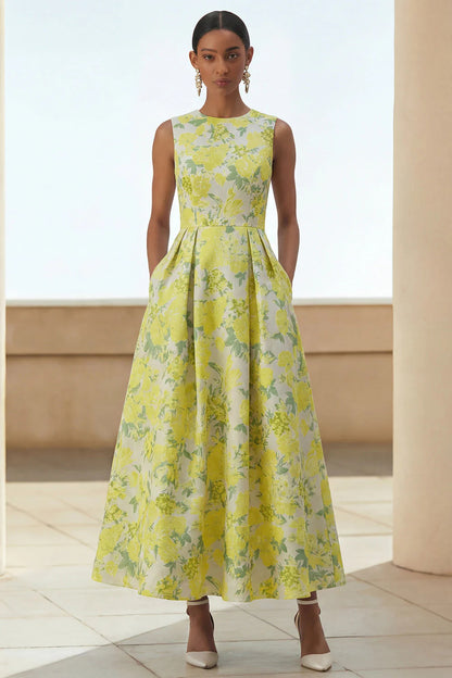 Scoop-Neck Sleeveless Ankle-Length Jacquard Satin Pleated Mother of the Bride Dress