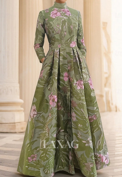 High-Neck Long-Sleeves Jacquard Satin Pleated Floor-Length A-Line Evening Dress