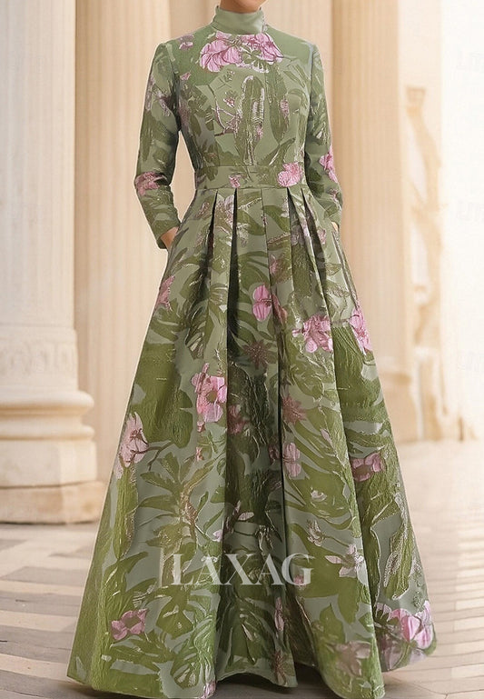 High-Neck Long-Sleeves Jacquard Satin Pleated Floor-Length A-Line Evening Dress
