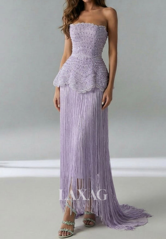 Tube Top Off-Shoulder Sleeveless Beaded Pearls Fringed Floor-Length Mermaid Evening Dress