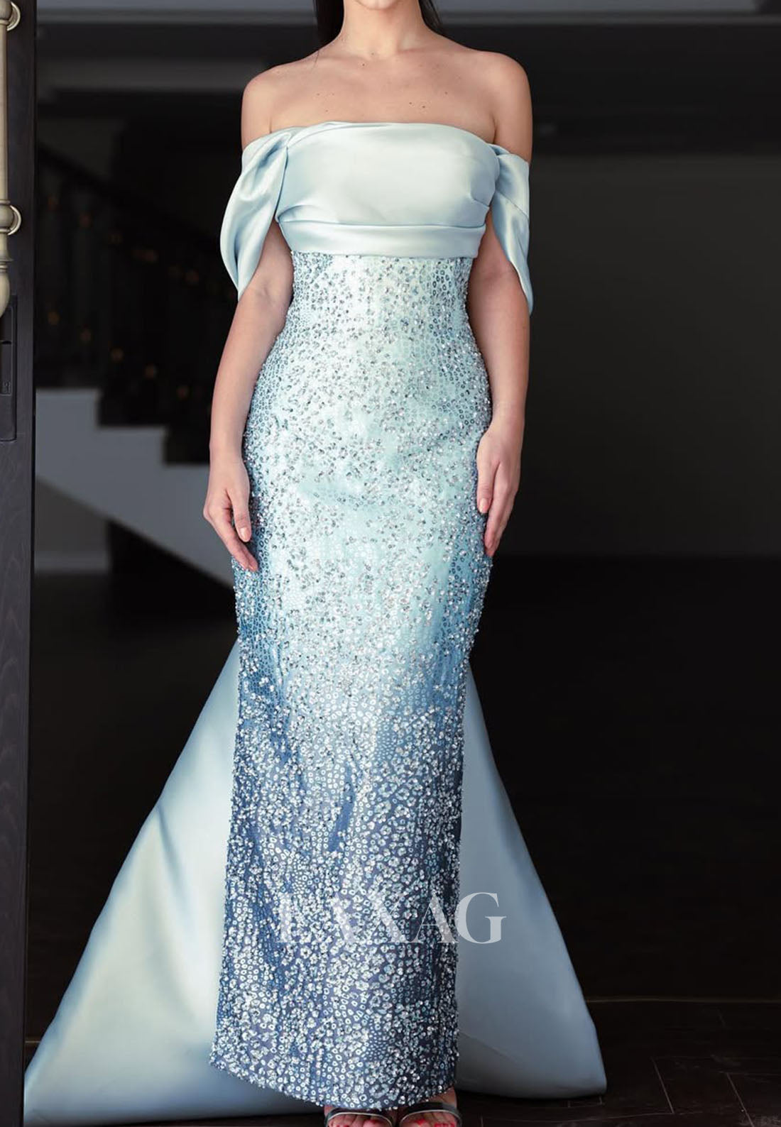 Bateau-Neck Off-Shoulder Pleated Satin Formal Gowns Sequined Beaded Mermaid Evening Dress