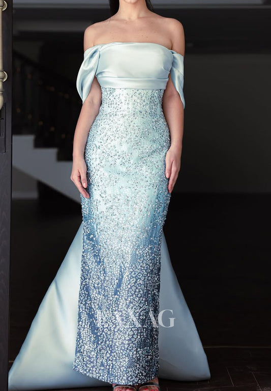 Bateau-Neck Off-Shoulder Pleated Satin Formal Gowns Sequined Beaded Mermaid Evening Dress