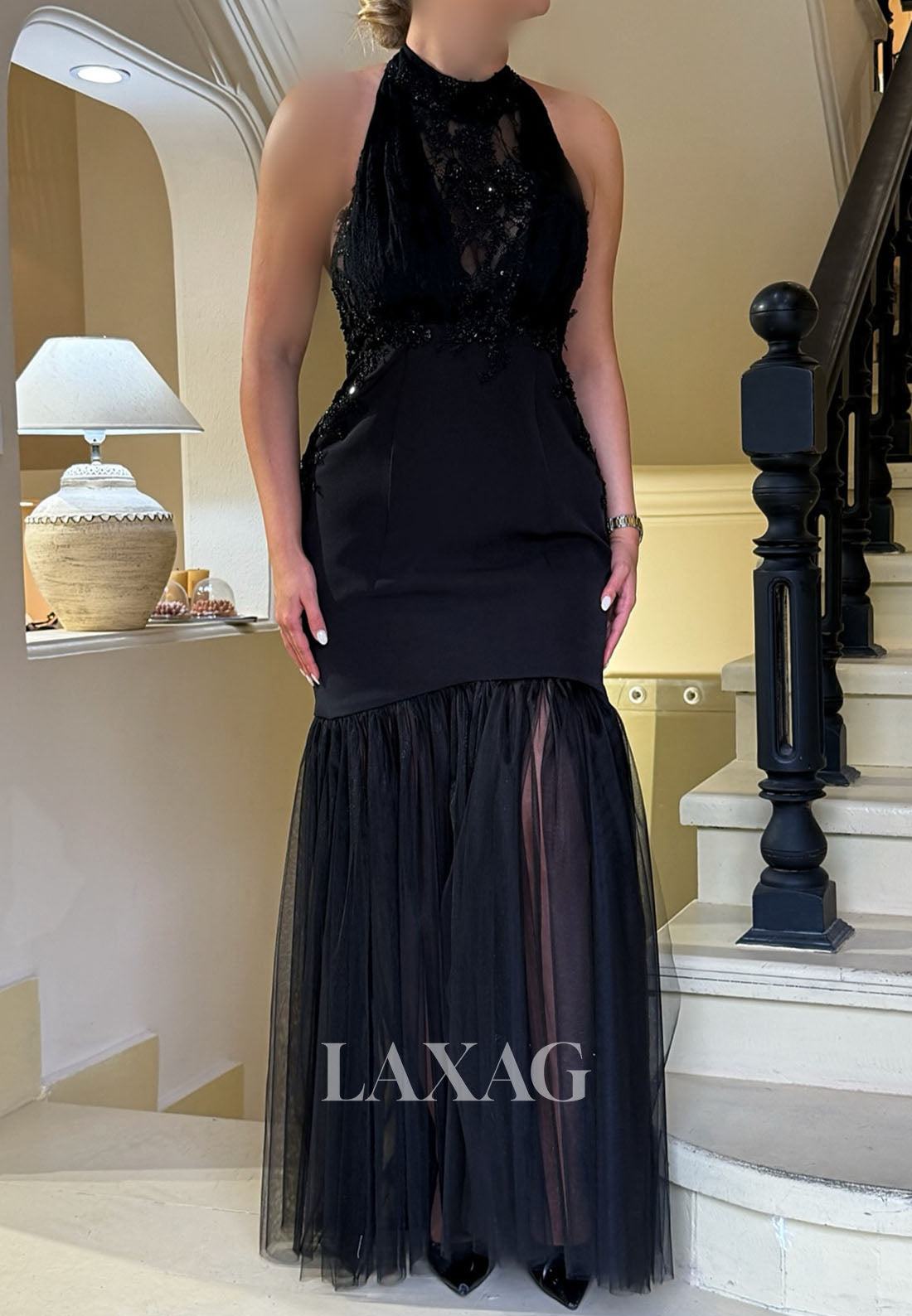 Halter-Neck Off-Shoulder Sequined Formal Gowns Sleeveless Pleated Satin&Tulle Mermaid Evening Dress