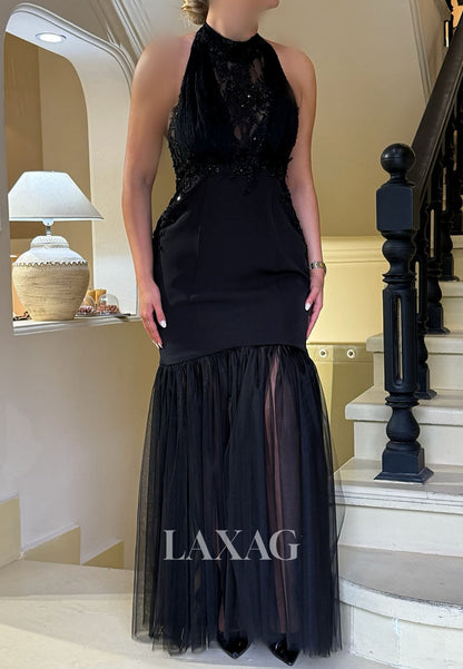 Halter-Neck Off-Shoulder Sequined Formal Gowns Sleeveless Pleated Satin&Tulle Mermaid Evening Dress