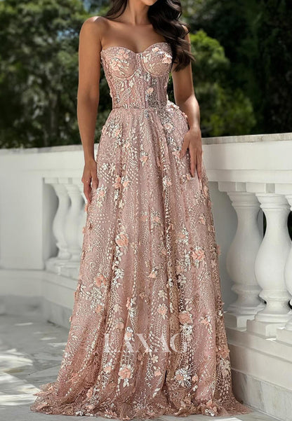 Off-Shoulder Sweetheart Sleeveless Fully Sequined Floral Embellished Pleated Tulle A-Line Prom Dress