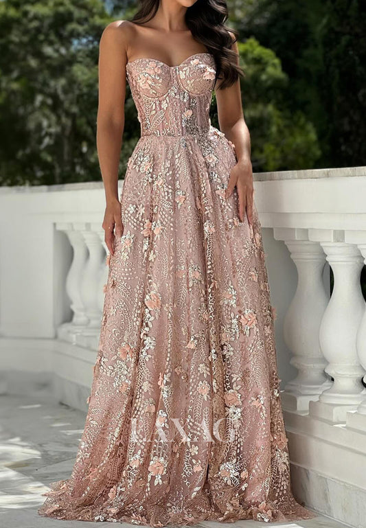 Off-Shoulder Sweetheart Sleeveless Fully Sequined Floral Embellished Pleated Tulle A-Line Prom Dress