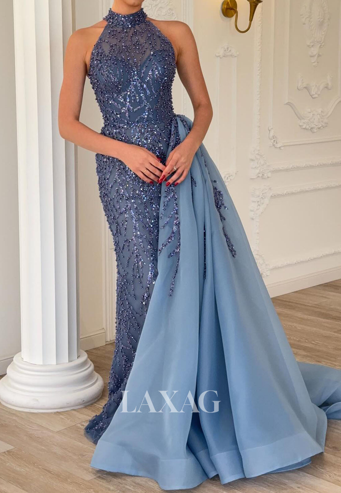 Halter-Neck Off-Shoulder Sleeveless Fully Beaded Sequined Mermaid Evening Dress with Chiffon Train