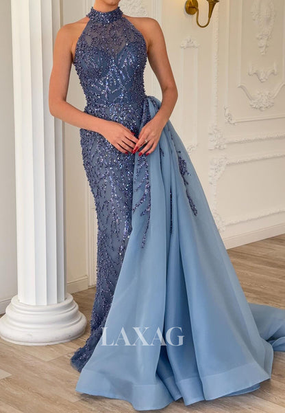 Halter-Neck Off-Shoulder Sleeveless Fully Beaded Sequined Mermaid Evening Dress with Chiffon Train