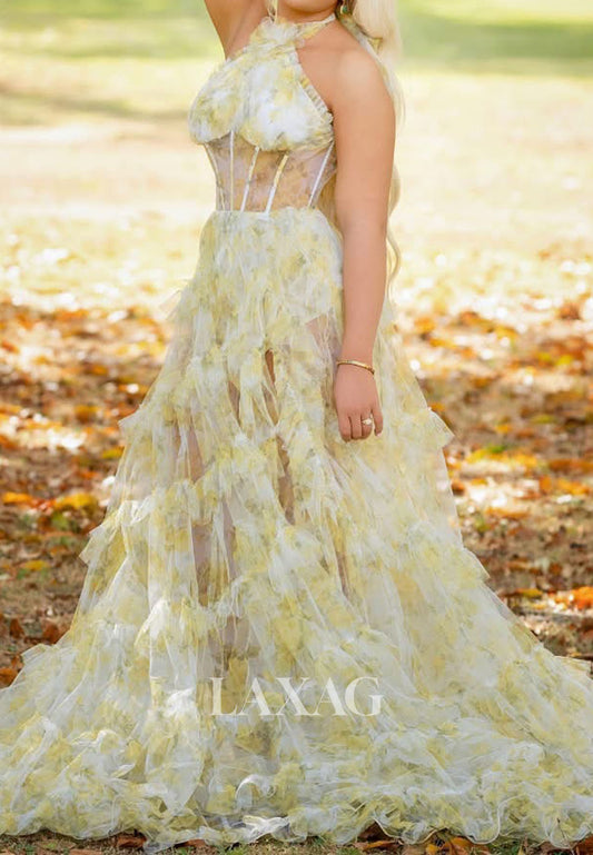 Halter-Neck Print-Tulle Pleated A-Line Prom Dress Off-Shoulder Sleeveless Train Tiered Party Gowns