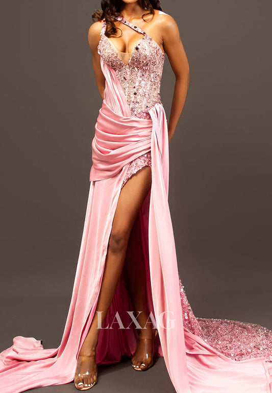 V-Neck One-Strap Sequined Beaded Party Gowns Off-Shoulder Satin Pleated Mermaid Prom Dress