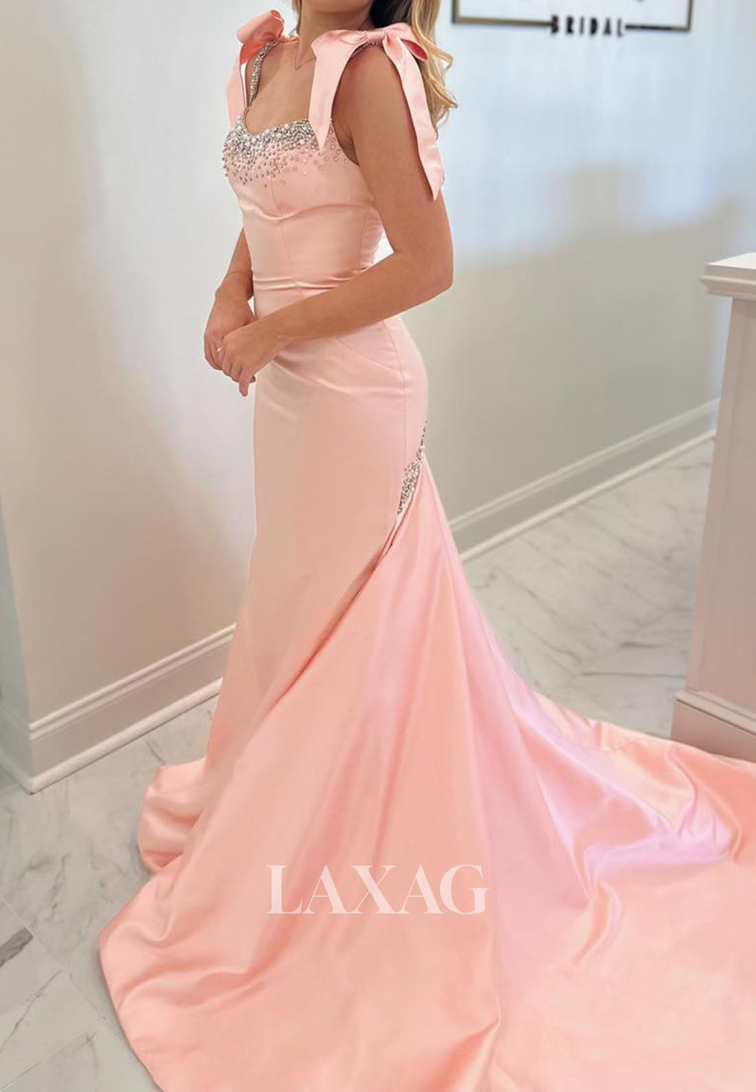 Scoop-Neck Spaghetti Straps Beaded Mermaid Prom Dress Satin Sweep Train Party Gowns with Bows