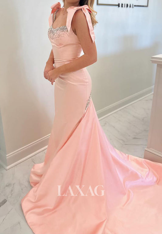 Scoop-Neck Spaghetti Straps Beaded Mermaid Prom Dress Satin Sweep Train Party Gowns with Bows