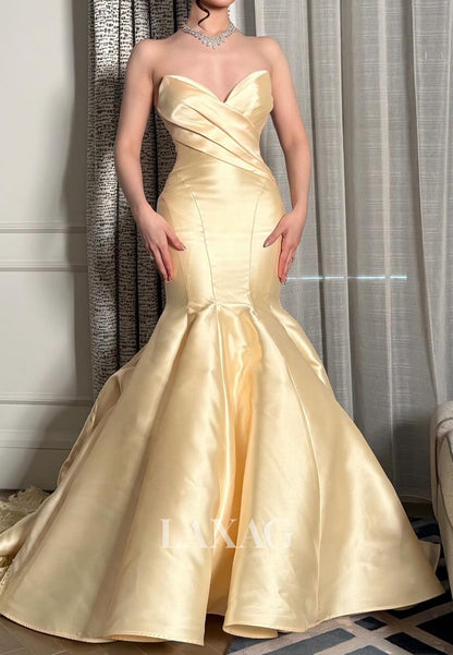 Sweetheart Sleeveless Lace Applique Satin Pleated Trumpet Mermaid Evening Dress with Train