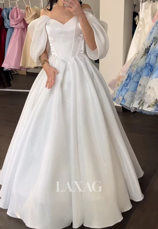 Sweetheart Puff-Sleeves Satin Pleated Floor-Length Simple A-Line Wedding Dress