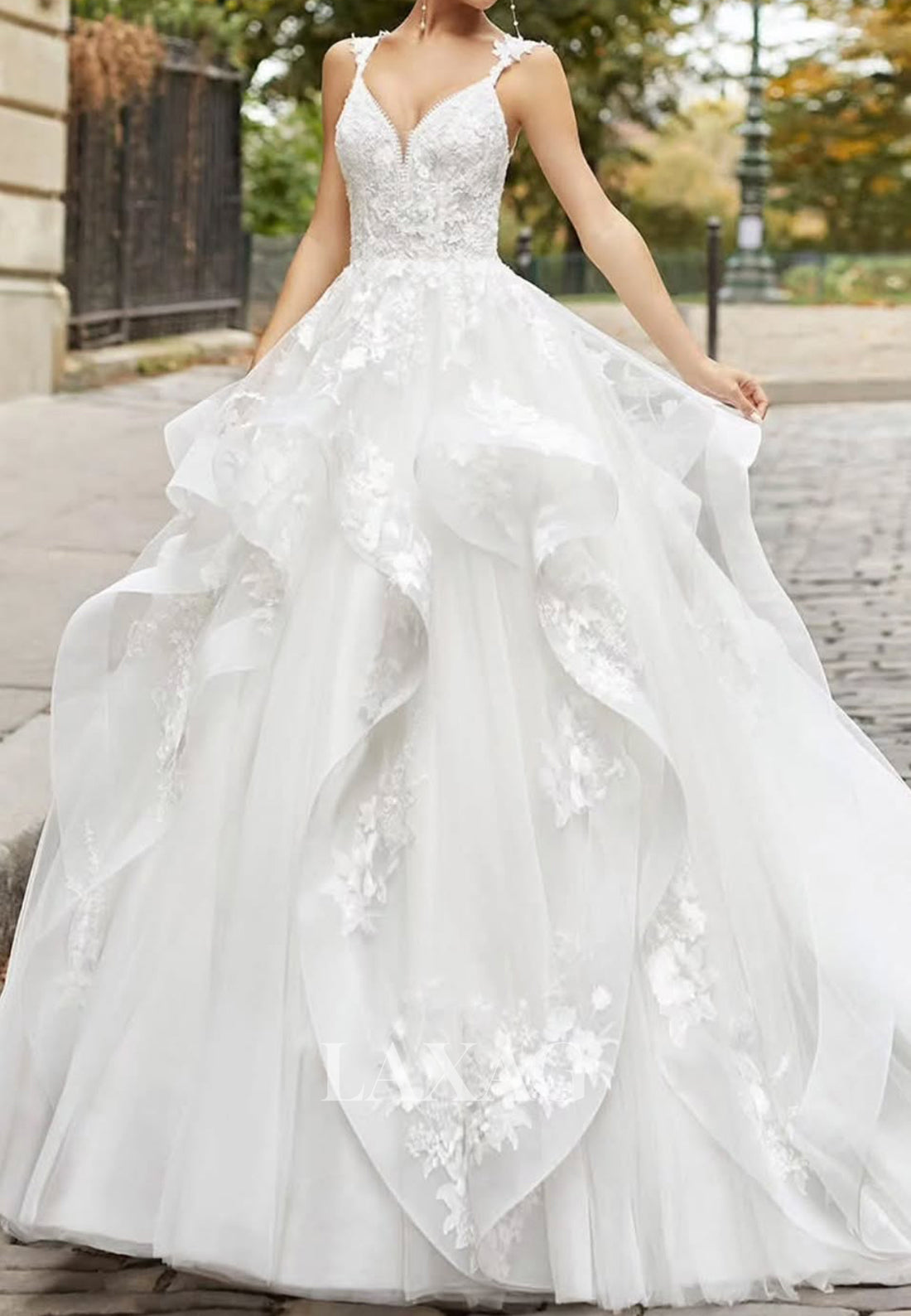 V-Neck Spaghetti Straps Beaded Sequined Applique Tulle Pleated Tiered A-Line Wedding Dress
