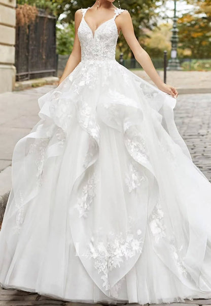 V-Neck Spaghetti Straps Beaded Sequined Applique Tulle Pleated Tiered A-Line Wedding Dress