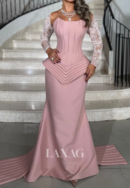 Bateau-Neck Long-Sleeves Satin Mermaid Evening Dress Beaded Sequined Applique Formal Gowns