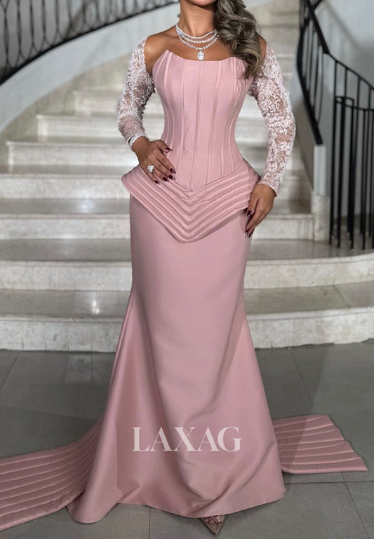 Bateau-Neck Long-Sleeves Satin Mermaid Evening Dress Beaded Sequined Applique Formal Gowns