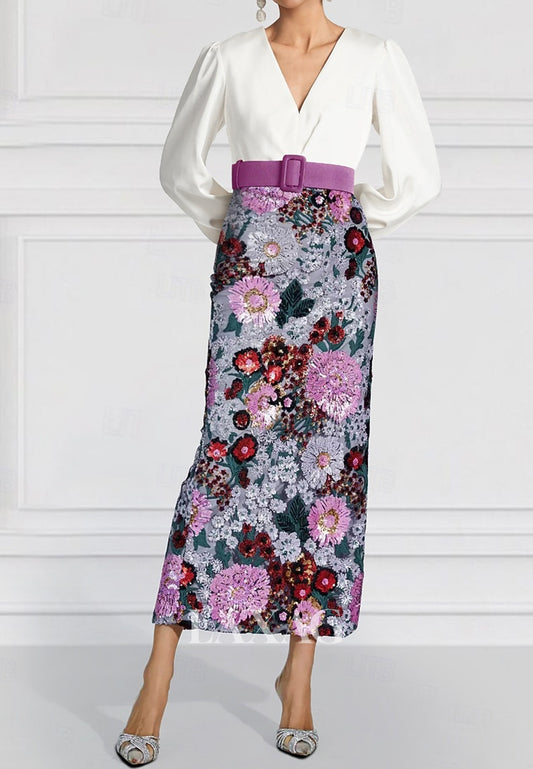 V-Neck Long-Sleeves Sequined Satin Pleated Tea-Length Mermaid Mother of the Bride Dress