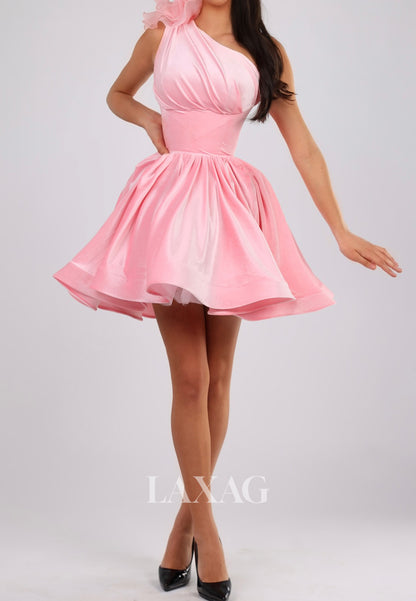 Asymmetrical-Neck One-Strap Sleeveless Pleated Satin A-Line Party Homecoming Dress