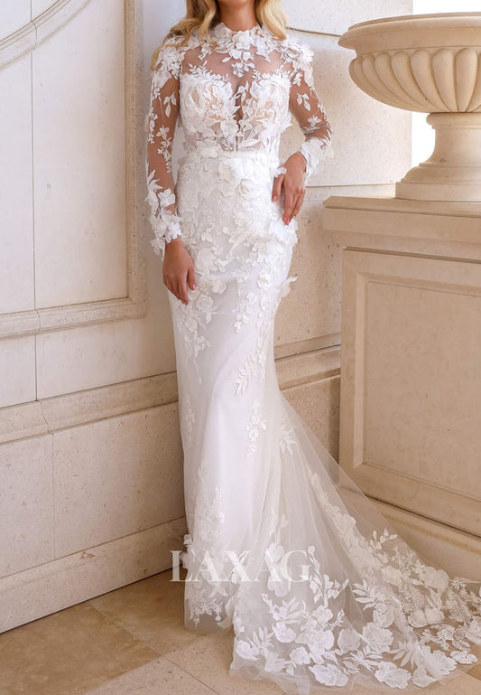 High-Neck Long-Sleeves Pleated Tulle Bride Gowns Applique Sweep Train Mermaid Wedding Dress