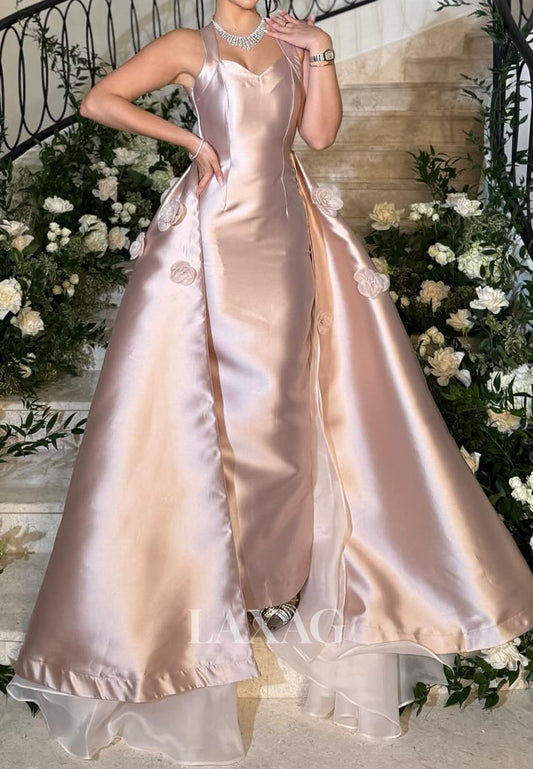 Halter-Sweetheart Sleeveless A-Line Evening Dress Floral Embellished Pleated Satin Formal Gowns