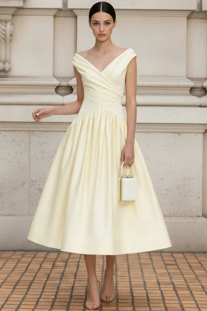 V-Neck Sleeveless Satin Pleated Tea-Length Simple A-Line Wedding Guest Dress
