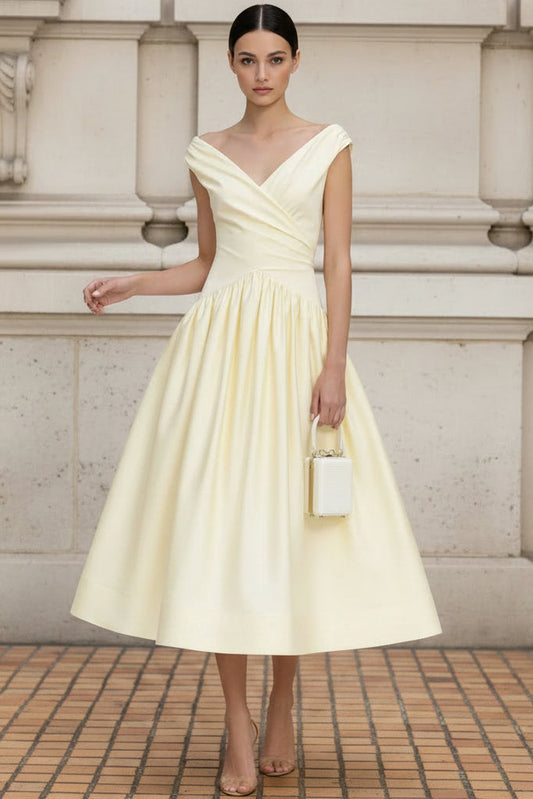 V-Neck Sleeveless Satin Pleated Tea-Length Simple A-Line Wedding Guest Dress
