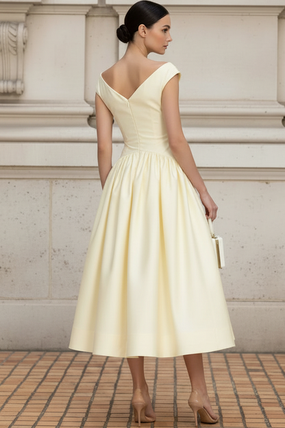 V-Neck Sleeveless Satin Pleated Tea-Length Simple A-Line Wedding Guest Dress