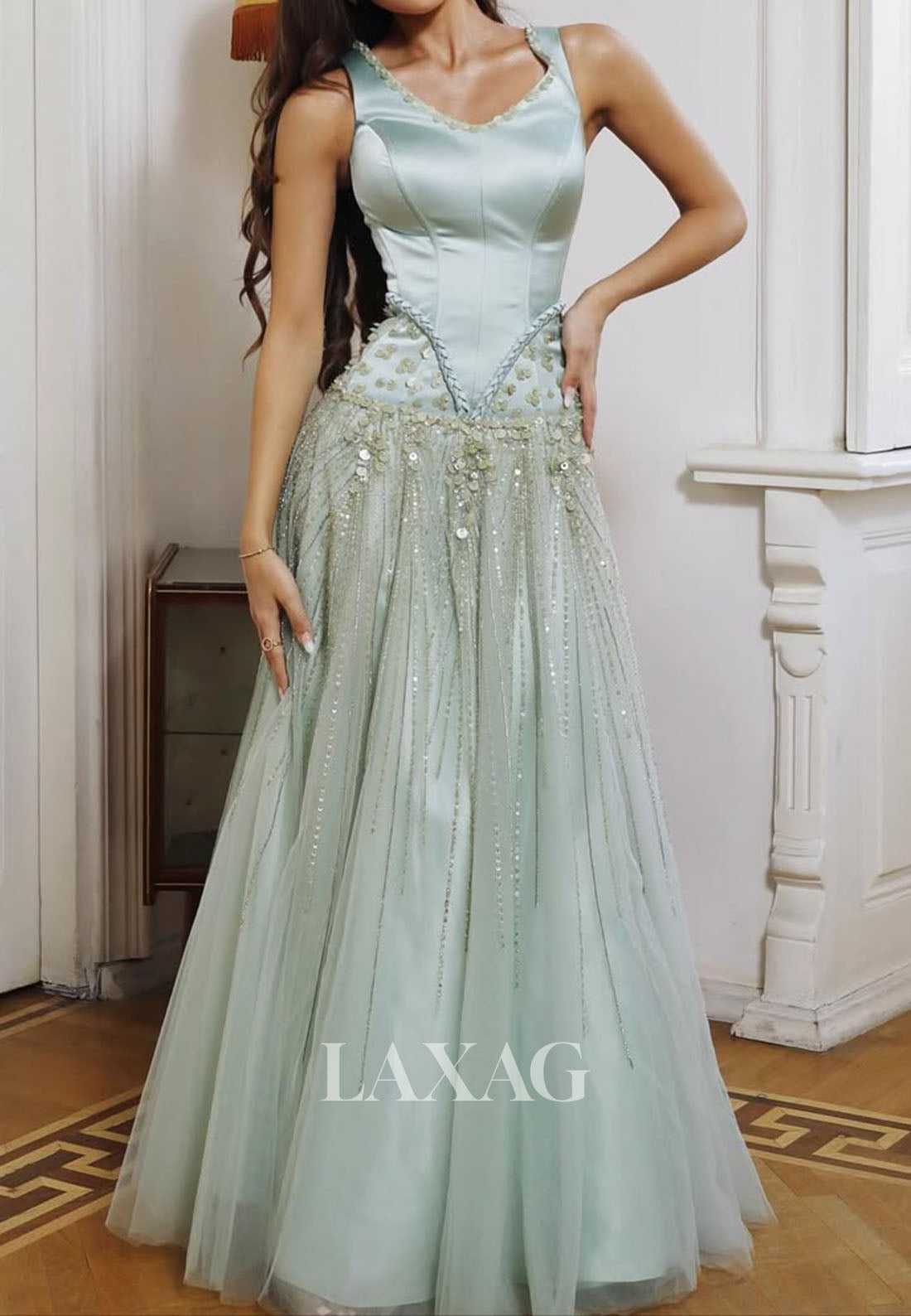 V-Neck Straps Sleeveless Sequined Beaded Pleated Satin Floor-Length A-Line Prom Dress