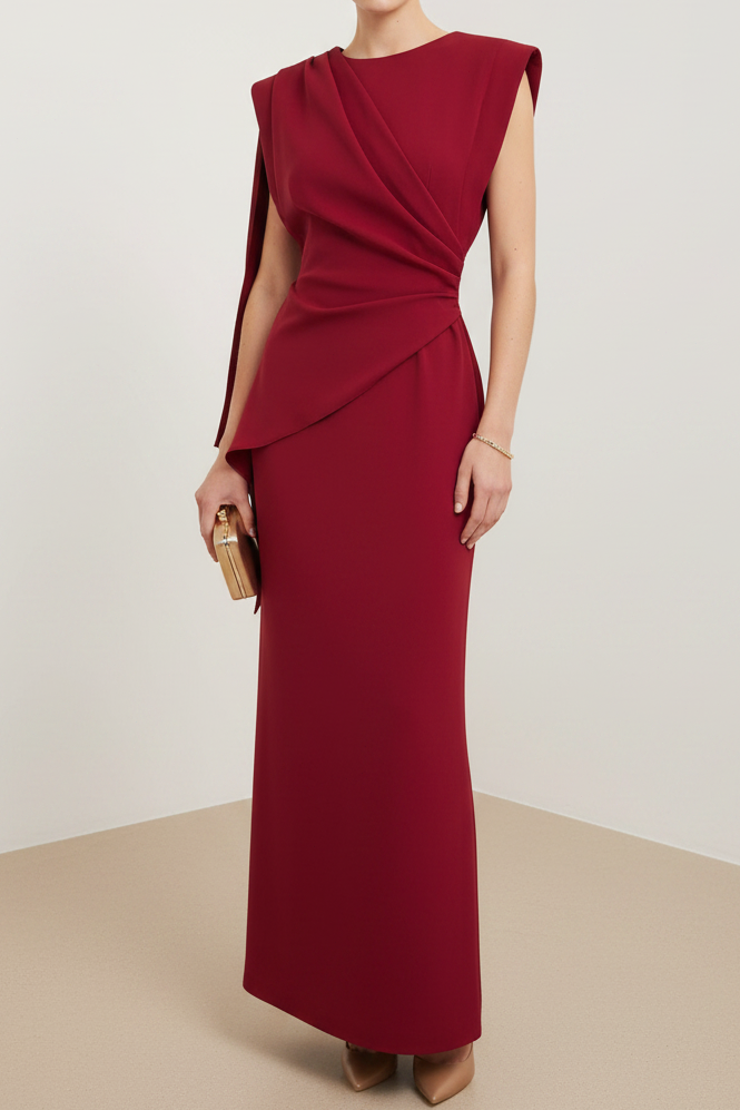 Scoop-Neck Cap-Sleeves Floor-Length Satin Pleated Mermaid Wedding Guest Dress