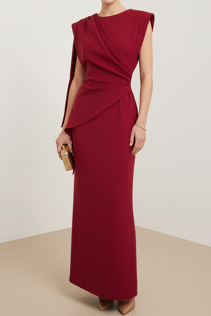 Scoop-Neck Cap-Sleeves Floor-Length Satin Pleated Mermaid Wedding Guest Dress